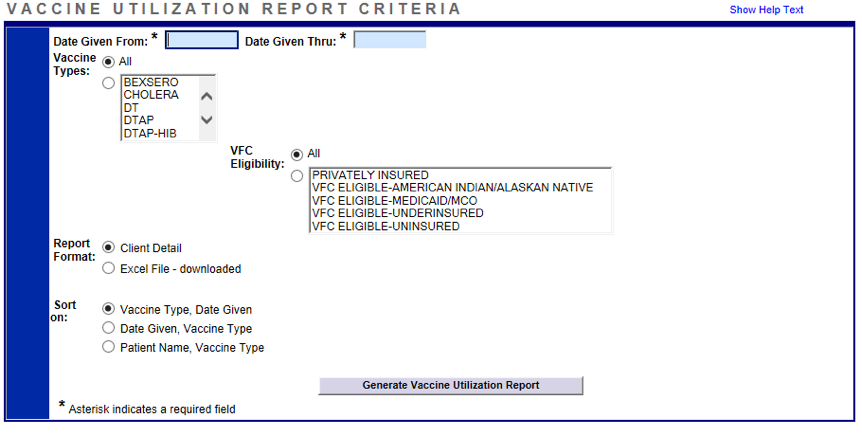 Screen capture of the Vaccine Utilization Report criteria system