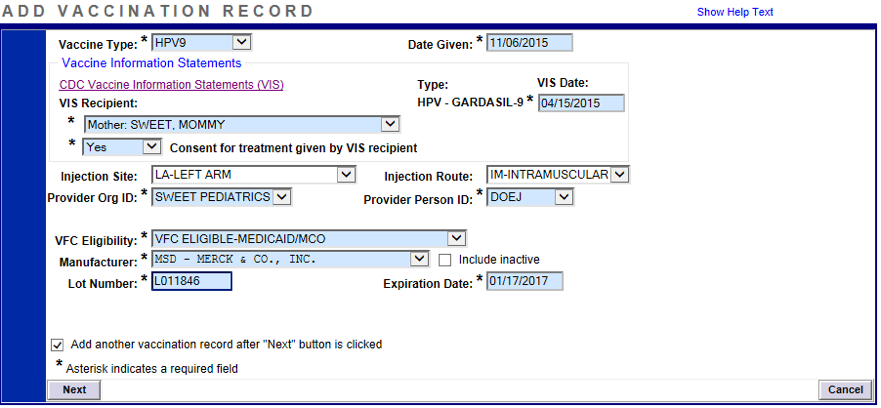 Screen capture of the add vaccination record system